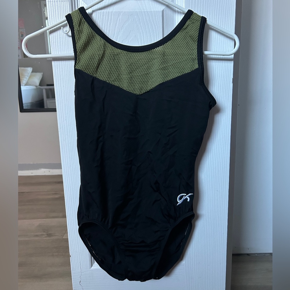 Black and olive green GK gymnastics leotard.